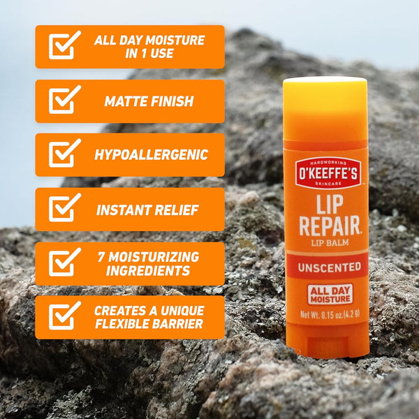 O'Keeffe'S Lip Repair Unscented Lip Balm for Dry, Cracked Lips - Stick (Twin Pack) - Moisturizer for Very Dry Lips