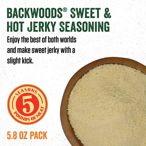 LEM Products Backwoods Sweet & Hot Jerky Seasoning, Ideal for Wild Game and Domestic Meat, Seasons Up to 5 Pounds of Meat, 5.8 Ounce Packet with