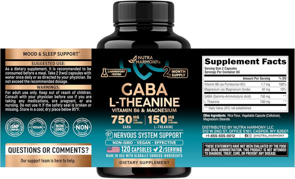 GABA L-Theanine Supplement 900 mg - Calm, Sleep & Relaxation - 120 Caps | GABA 750 mg, L-Theanine 150 mg with Magnesium & Vitamin B6 -