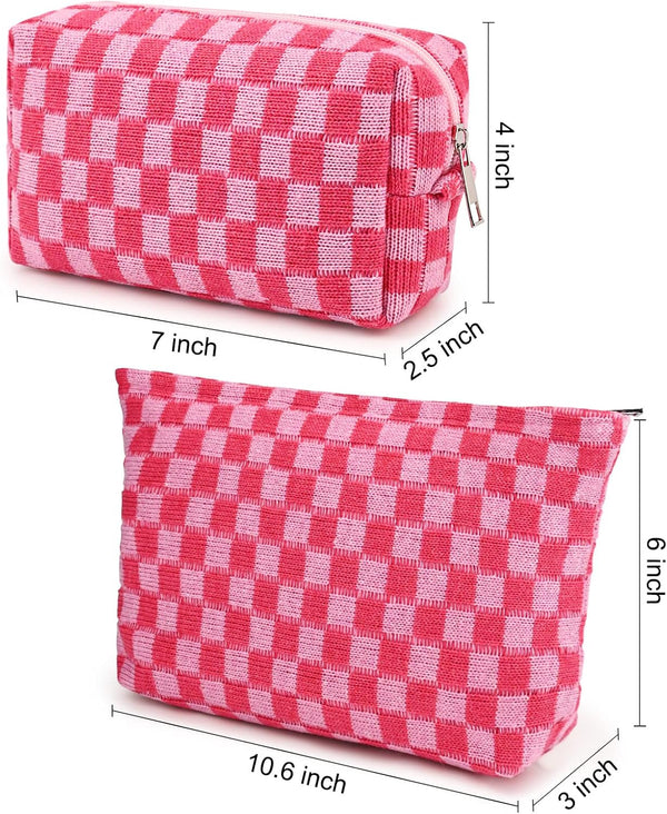 SOIDRAM 2 Pieces Makeup Bag Large Checkered Cosmetic Bag Capacity Canvas Mix Travel Toiletry Bag Organizer Cute Makeup Brushes Aesthetic
