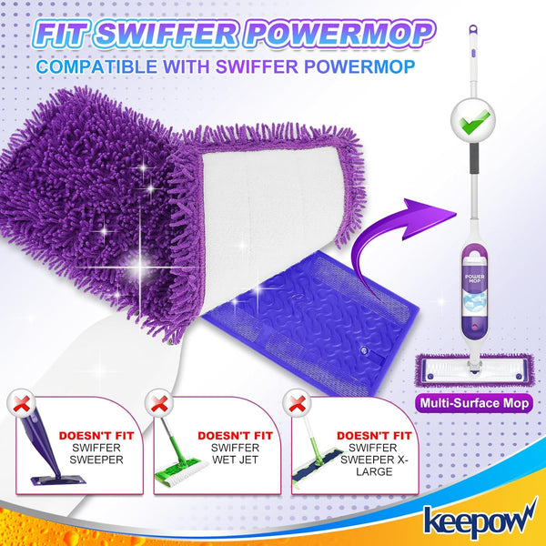 KEEPOW Reusable Microfiber Mop Pads Compatible with Swiffer Powermop 4 Pack, Power Mop Pads Refills for 13 ''-15 '' Spray Mop, Machine Washable