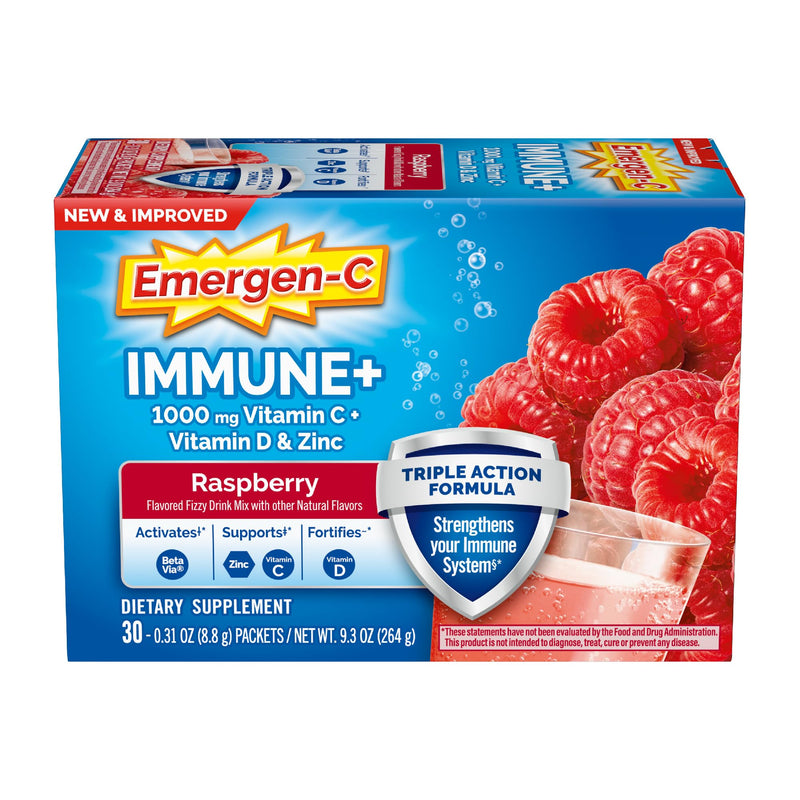 Emergen-C Immune+ Triple Action Immune Support Powder, Betavia (R), 1000Mg Vitamin C, B Vitamins, Vitamin D and Antioxidants, Raspberry â 30 Count