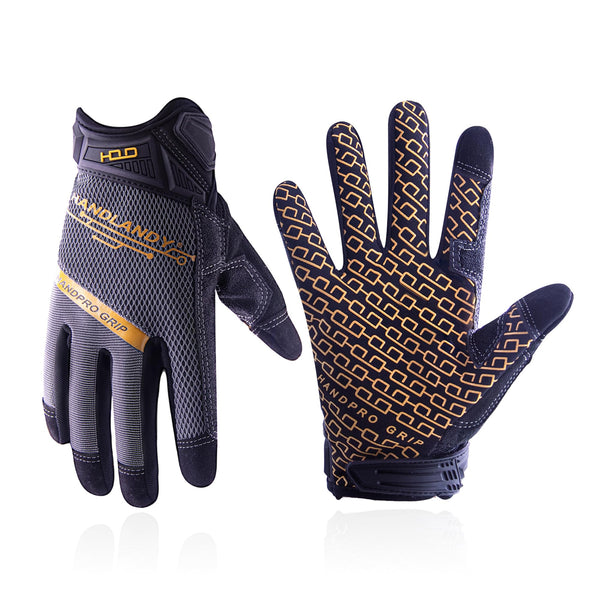 HANDLANDY Mens Work Gloves Touch screen, Utility Mechanic Gloves, Flexible Breathable Fit- Padded Knuckles & Palm Medium Grey