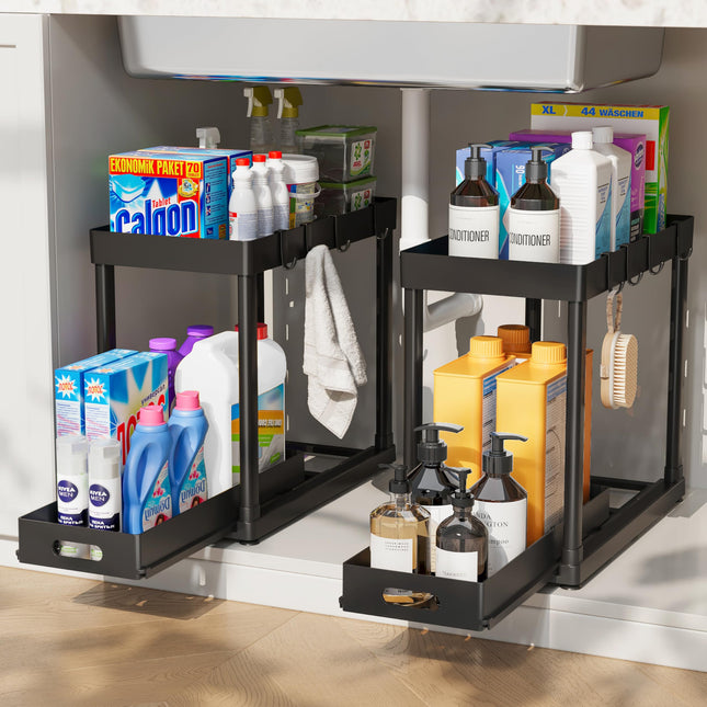 2PC under Sink Organizer Rack 2 Tier under Sliding Cabinet Basket Organizer Drawer with 4 Hooks, Multi-Purpose under Sin