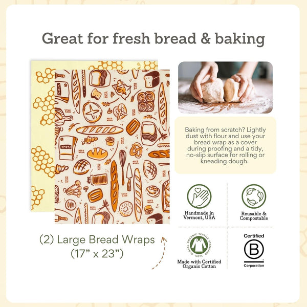 Bee's Wrap Vegan Beeswax Wraps for Bread - Beeswax Bread Wrap for Sourdough & Bread Storage - Made in USA Reusable Natural Food Wrap - Meadow