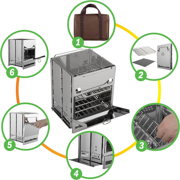 Camping Stove - Stainless-Steel Wood Burning Rocket Stove - Portable Grill for Beach, Picnic, Camp or Backpacking - Bushcraft Gear by Wakeman Outdoors