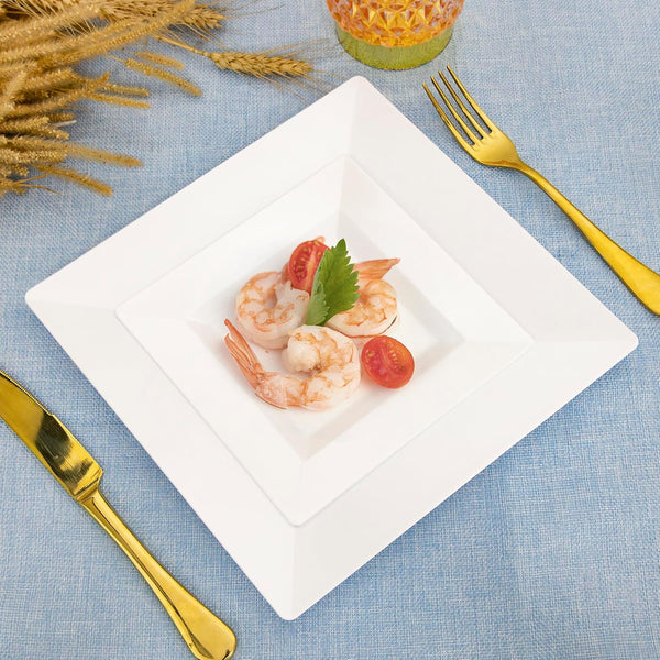 SETUP 60-Piece White Square Plastic Dinnerware Set – 30 9.5" Dinner & 30 6.5" Salad Plates – Heavy-Duty Disposable for Weddings, Catering, Parties