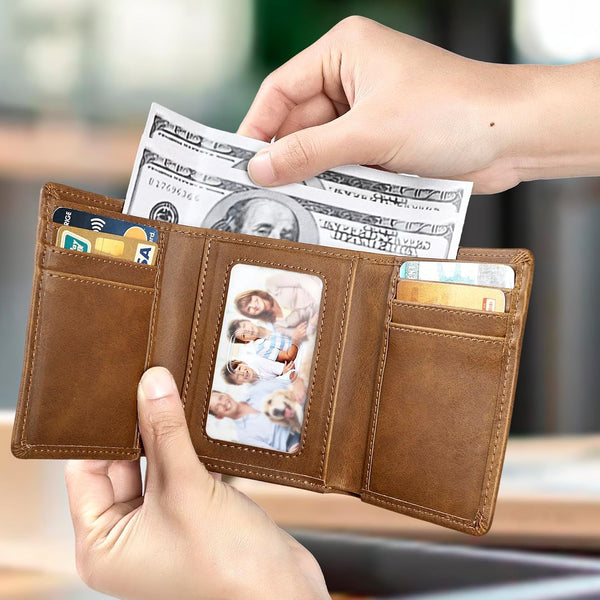 Trifold Wallet for Men Wallets with 8 Card Slot and 2 Money Pocket and 1 Clear Windows Slot + 1 Slim Card Pocket for Credit Card with 6 Card Slot