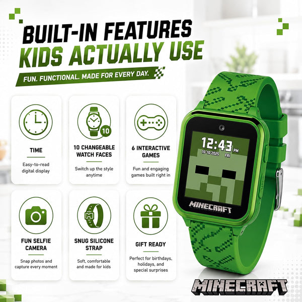 Minecraft Kids Smart Watch – Touchscreen Interactive Watch with 10 Customizable Clock Faces, Built-in Camera, Video Recorder, Alarm, Calculator,