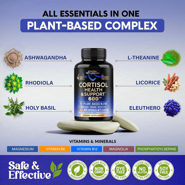 Cortisol Supplement for Women - Holy Basil, Ashwagandha & Rhodiola, 60 Caps | Plant-Based Hormone Balance - Holy Basil, Rhodiola & L-Theanine -