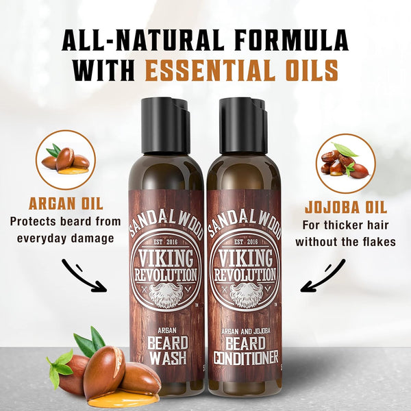 Viking Revolution Beard Wash & Beard Conditioner Set W/Argan & Jojoba Oils - Softens & Strengthens - Natural Beard Shampoo W/Beard Oil Sandalwood