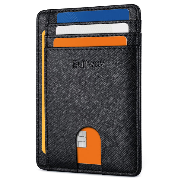 Buffway Slim Minimalist Front Pocket RFID Blocking Leather Wallets for Men and Women - Cross Black Small Cross Black