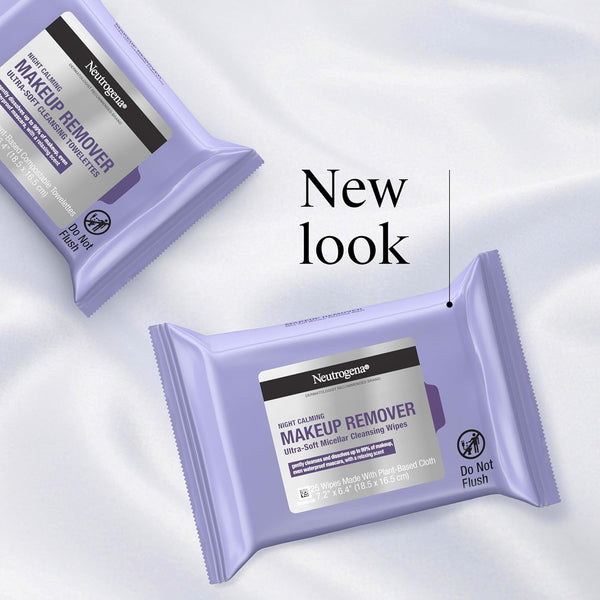 Neutrogena Makeup Remover Night Calming Cleansing Towelettes, Disposable Nighttime Face Wipes to Remove Dirt, Oil & Makeup, 25 Ct