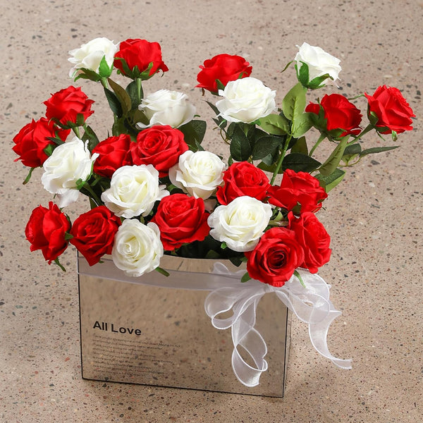 Hawesome 12PCS Artificial Silk Flowers Realistic Roses Bouquet Long Stem for Home Wedding Decoration Party (Red, 6 Flowers 6 Buds) Red 6 Flowers 6