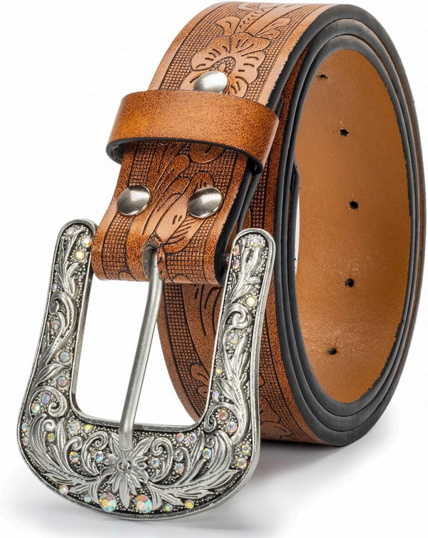 FGSS Women-Western-Leather-Belts - Vintage-Western-Cowboy Embossed-Belts with Retro-Engraved-Buckle for Jeans Pants Brown-carved Belt Fit for