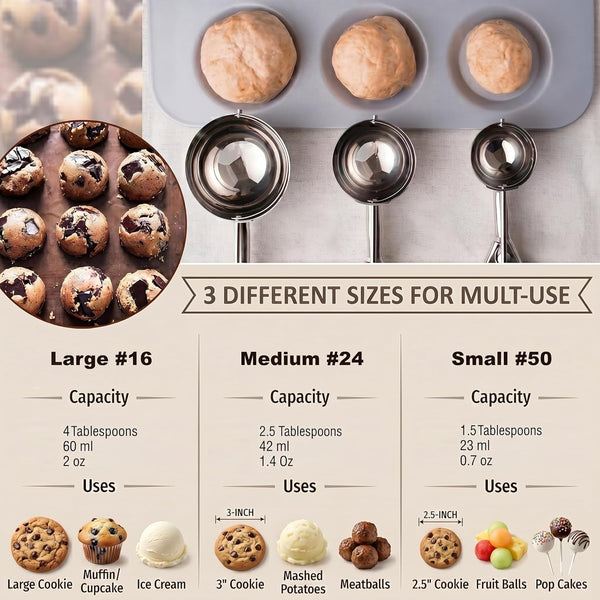 Ice Cream Scoop, 3Pcs Cookie Scoop Set, Stainless Steel Ice Cream Scooper with Trigger Release, Large/Medium/Small Cookie Scooper for Baking,