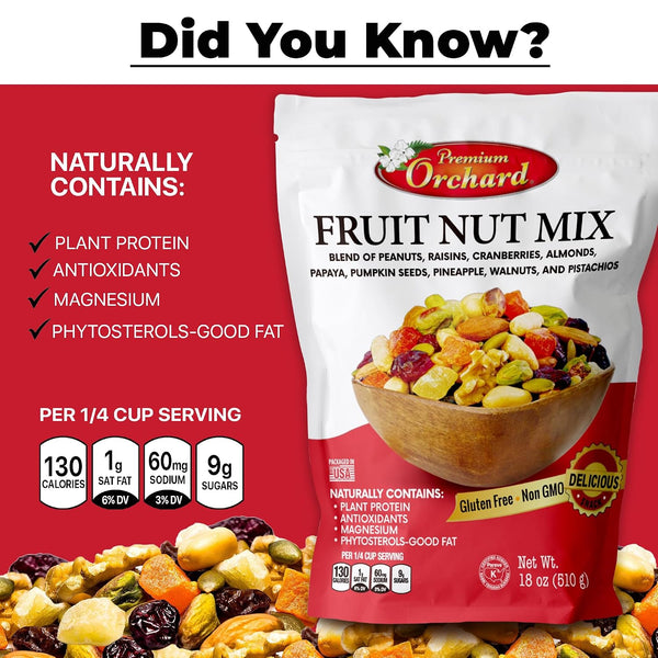 FRUIT NUT MIX TRAIL MIX by PREMIUM ORCHARD - Gourmet Trail Mix Bulk Blend of Mixed Nuts & Dried Fruit - Healthy Vegan Snacks, Snack Nut Mix, Plant