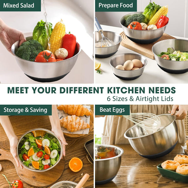 Umite Chef Mixing Bowls with Airtight Lids，6 piece Stainless Steel Metal Nesting Storage Bowls, Non-Slip Bottoms Size 7, 3.5, 2.5, 2.0,1.5, 1QT,
