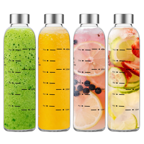 Glass Water Bottles with Lids 17 Oz, Clear Juice Bottles with Stainless Steel Cap, Reusable Glass Drinking Bottle for Juicing, Refrigerator,100%