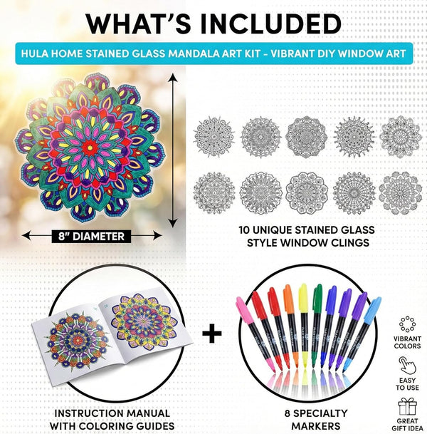 Hula Home Stained Glass Mandala Art Kit - DIY Window Clings with Markers, 10 Suncatchers - Perfect Hobby for Adults, Kids, Teens & Seniors - Ideal