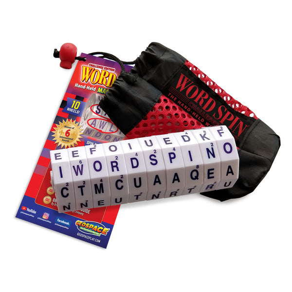 Geospace The Original Handheld Magnetic Spin Game, Take-Along Travel Edition with Storage Pouch (Challenge Word Spin with 10 Magnetic Wheels)