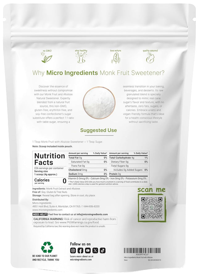 Monk Fruit Sweetener with Allulose, 2 lbs | No Erythritol | No Aftertaste, 1:1 White Sugar Substitute, Keto & Vegan Frie