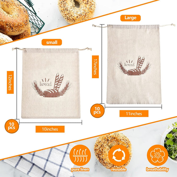 Dunzy 20 Pcs Linen Bread Bag for Homemade Bread Reusable 2 Sizes 10" x 12" and 11" x 17" Unbleached Container Drawstring Natural Bags Storage for