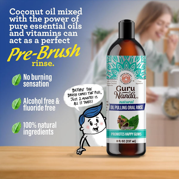 Gurunanda Cocomint Oil Pulling Mouthwash for Complete Oral Hygiene, 7 Essential Oils & Vitamins for Happy Teeth & Gums & Fresh Breath ,