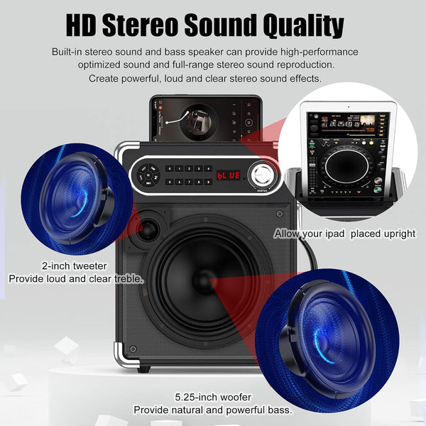 JYX Karaoke Machine with Two Wireless Microphones, Portable Bluetooth Speaker with Bass/Treble Adjustment, PA System with Remote Control, LED
