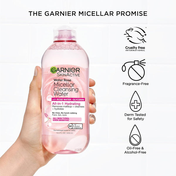 Garnier Micellar Water with Rose Water and Glycerin, Hydrating Facial Cleanser & Makeup Remover, For All Skin Types, Vegan, Cruelty Free, 13.5 Fl