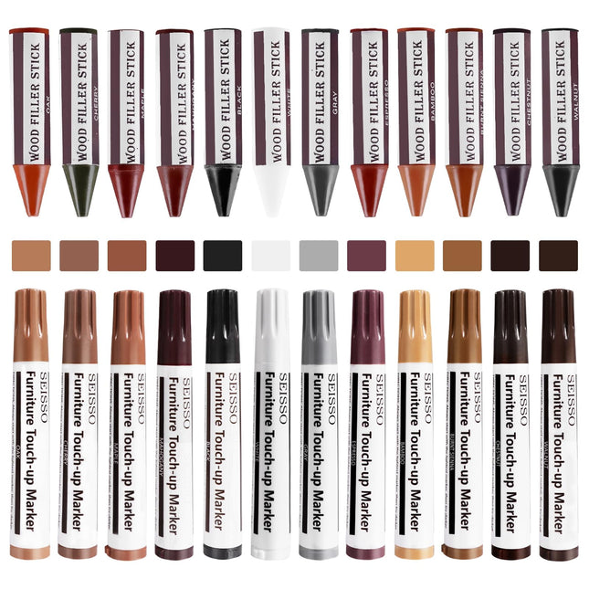 SEISSO Furniture Repair Kit, 12 Colors Furniture Touch-Up Markers and Wood Fille