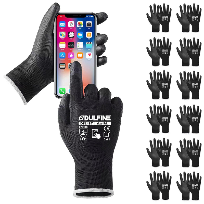 DULFINE Safety Work Gloves PU Coated for Men and Women-12 Pairs,Black Seamless Knit Glove with Two Fingers Touchscreen,Ideal for General Duty Work