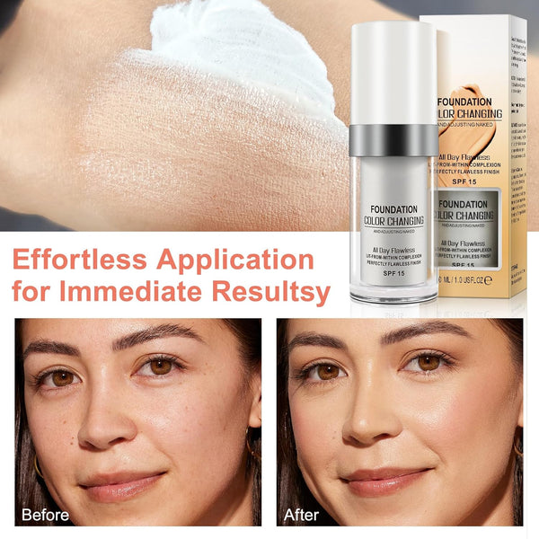 2PCS Flawless Colour Changing Warm Skin Tone Foundation, Naturally Blends Moisturizing foundation makeup, Long Lasting Waterproof Lightweight