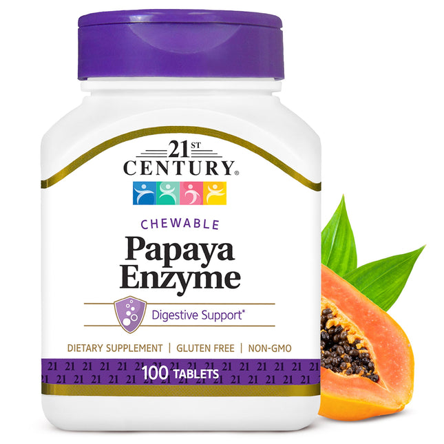 21St Century Papaya Enzyme Chewable (100 Count), Papaya & Pineapple Digestive Enzymes for Gut Health, Tropical Flavor, N