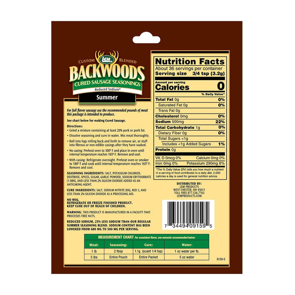 LEM Products Backwoods Reduced Sodium Summer Sausage Cured Sausage Seasoning, Ideal for Wild Game, Seasons Up to 5 Pounds of Meat, 4.1 Ounce
