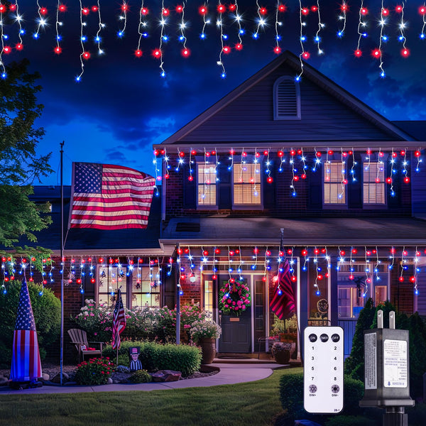 JMEXSUSS Icicle Lights for 4th of July Decor, 400 LED Red White and Blue | 38.8 Ft Icicle Lights for Outside, Independence Day Icicle String Light