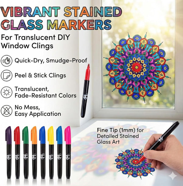 Hula Home Stained Glass Mandala Art Kit - DIY Window Clings with Markers, 10 Suncatchers - Perfect Hobby for Adults, Kids, Teens & Seniors - Ideal