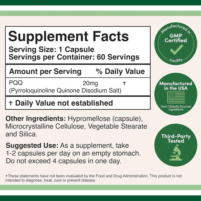 PQQ Supplement - 20Mg, 60 Capsules (Pyrroloquinoline Quinone) Promotes Mitochond