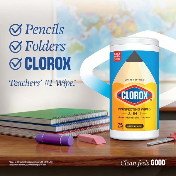 Clorox Disinfecting Wipes Back to School Variety Pack, 75 Count Each, Pack of 4 (Package May Vary) Lemon + Fresh