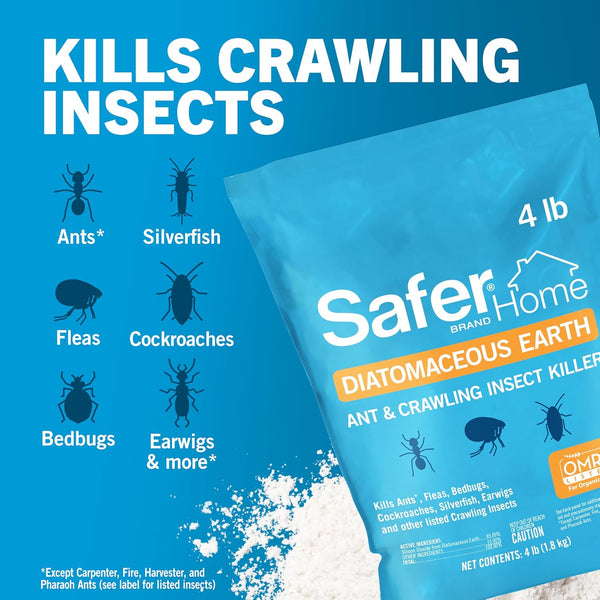 Safer Home Diatomaceous Earth 4 lb Organic OMRI DE - Cockroach Killer Indoor Home, Bed Bug Killer, Kills Fleas, Ants, Silverfish, Earwigs &