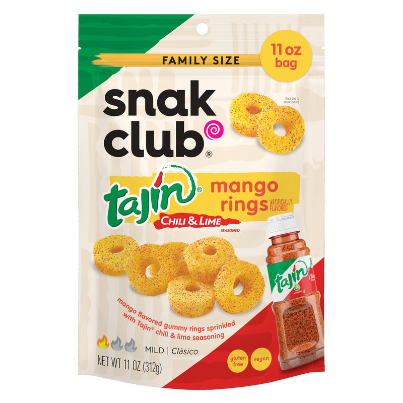 Snak Club Tajin Mango Rings Gummy Candy, Fruit Candy Gummies with Chili and Lime Seasoning, Mild, Gluten-Free and Vegan Snacks, 11 oz Resealable