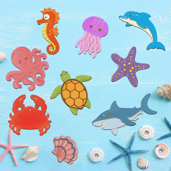 80PCS Wooden Sea Ornaments to Paint, 10 Styles DIY Blank Unfinished Wood Ocean Whale Seahorse Octopus Starfish Dolphin Turtle Shark Crab Cutouts