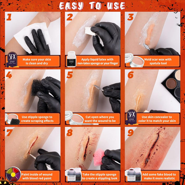 CHASPA Halloween Liquid Latex Special Effects SFX Makeup Kit - Scar Wax + 2 Btl Liquid Latex + 2 Btl Fake Blood + Spatula Tool + 2Pcs Stipple