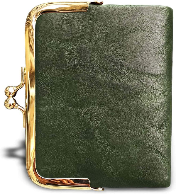 AOXONEL Womens Wallet Small Rfid Ladies Compact Bifold Leather Vintage Coin Purse With Zipper and Kiss Lock Green
