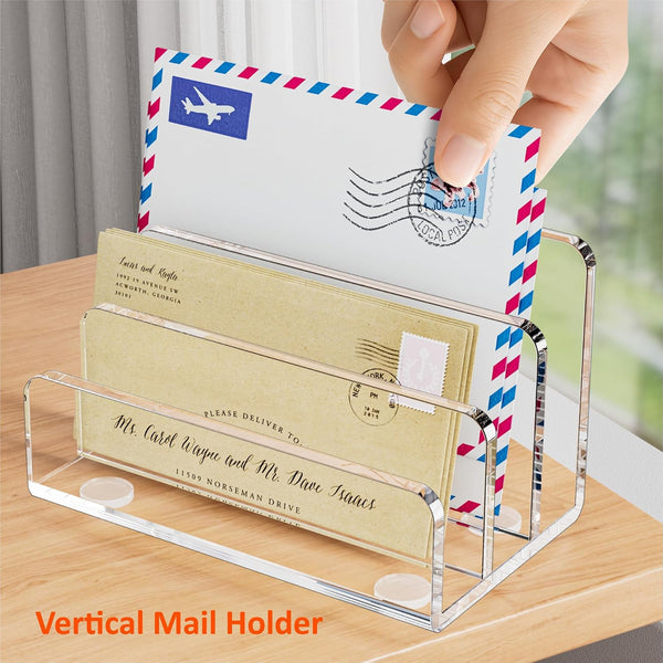Mail Organizer Countertop, 3 Section Clear Acrylic Small File Holders Letter Organizer for Desk, Modern Filing Accessories for Document, Office,