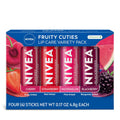 NIVEA Lip Care, Fruity Tinted Lip Balm Variety Pack, Cherry, Strawberry, Blackberry and Watermelon Flavors, 3-In-1 Moisture, Repair and Color,