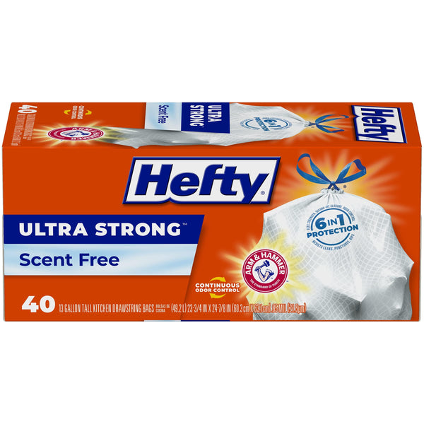 Hefty Ultra Strong 13 Gallon Trash Bags, Tall Kitchen Trash Bags 13 Gallon Size, Drawstring Closure, Continuous Odor Control, White, Unscented, 40