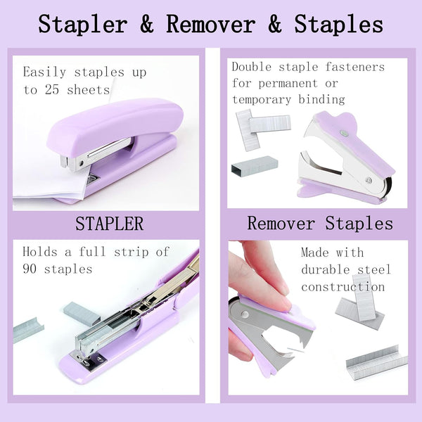 Purple Desk Accessories, Purple Office Supplies 360ÃÂ°Pen Holder Desk Organizers and Accessories with Tape Dispenser, Stapler, Staple Remover, 1000