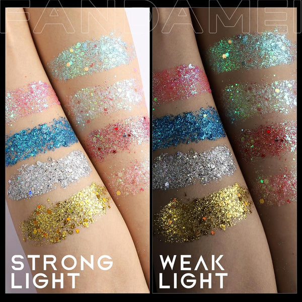 FANDAMEI Face Glitter, Body Glitter for Women, 2PCS 8 Colors Glitter Gel for Face, Hair Glitter for Kids, Fairy Rave Mermaid Makeup pink/red/light
