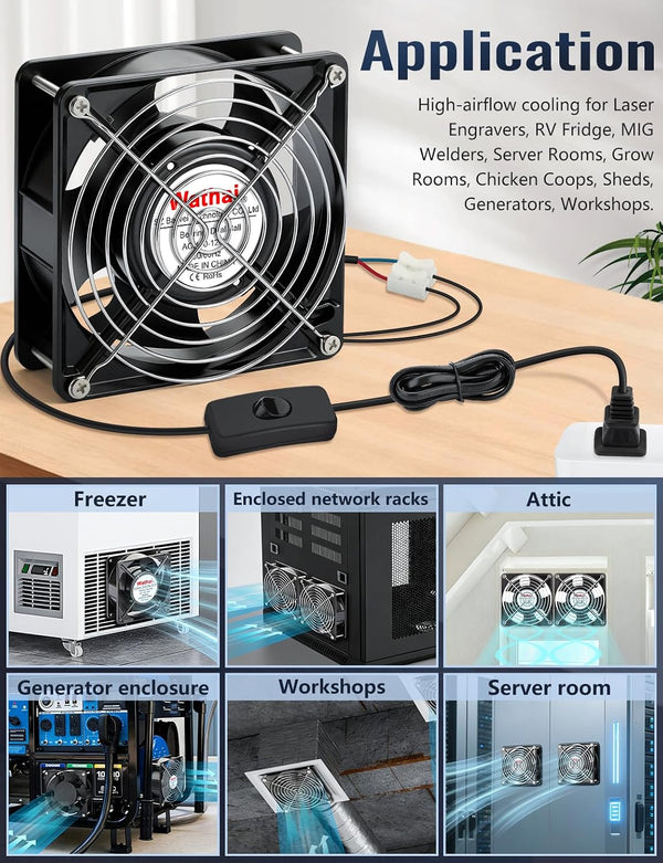 Wathai 12038 120mm x 38mm AC Axial Muffin Cooling Fan 110V 120V Dual Ball | High CFM Heavy-Duty Fan with AC Plug for DIY Cooling AC 120x120x38mm